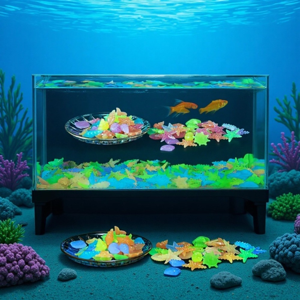Aquarium Fish Enrichment - 빛나는 해양석, 형광 조개껍데기, 화려한 불가사리